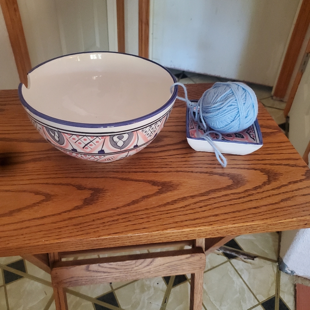 Le Souk Ceramique Knitting Holder Bowl Holder Pink & Blue Hand Painted 8”
